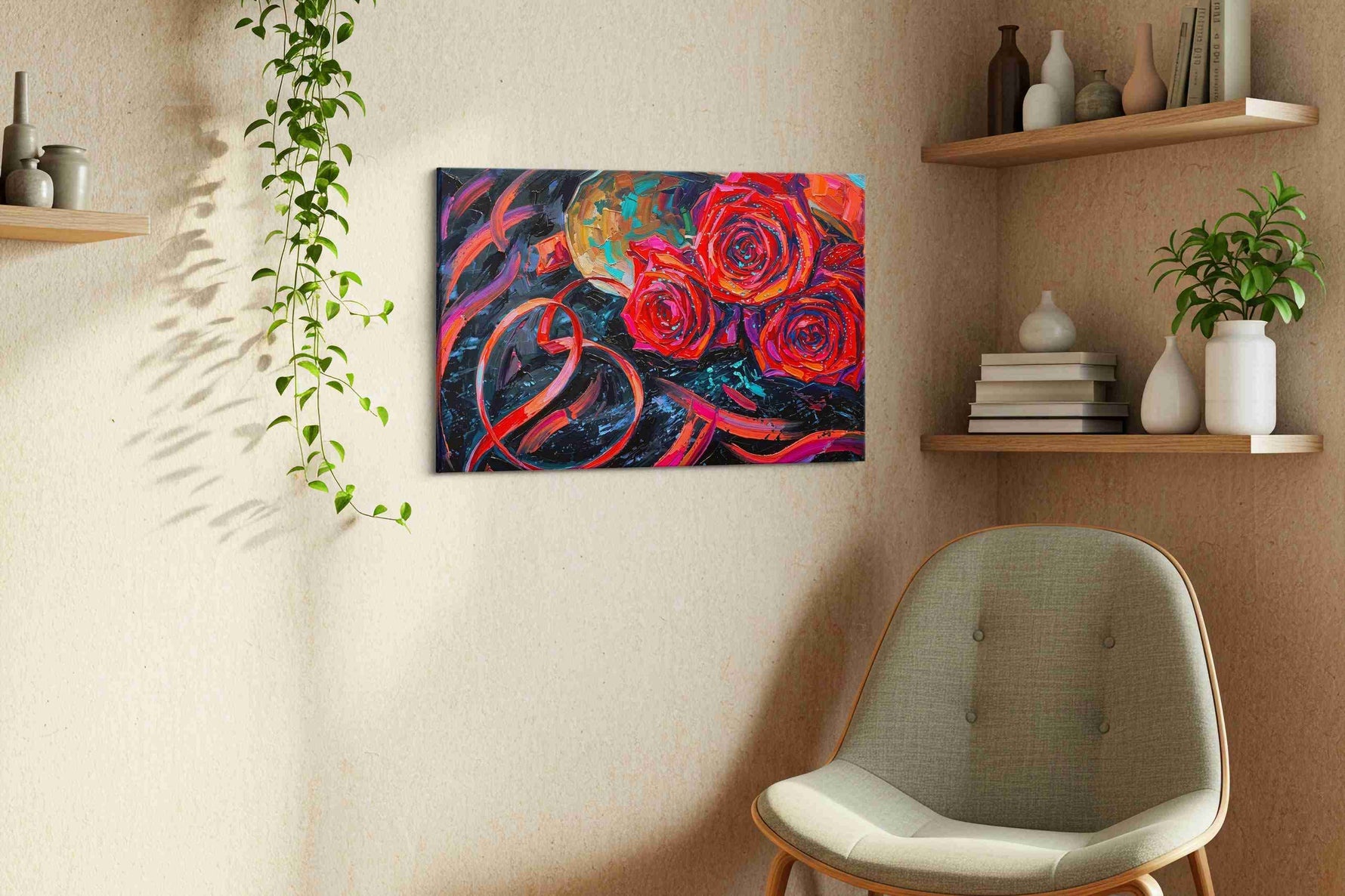 Whirlwind of Crimson Roses floral canvas print, displayed in a living room