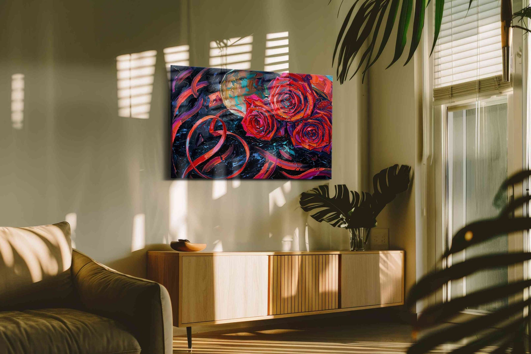Whirlwind of Crimson Roses floral canvas print, hanging on wall