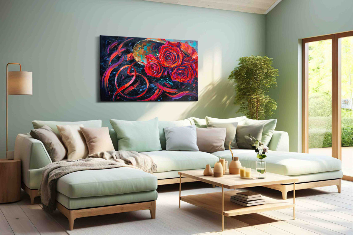 Whirlwind of Crimson Roses floral canvas print shown in a wall scene