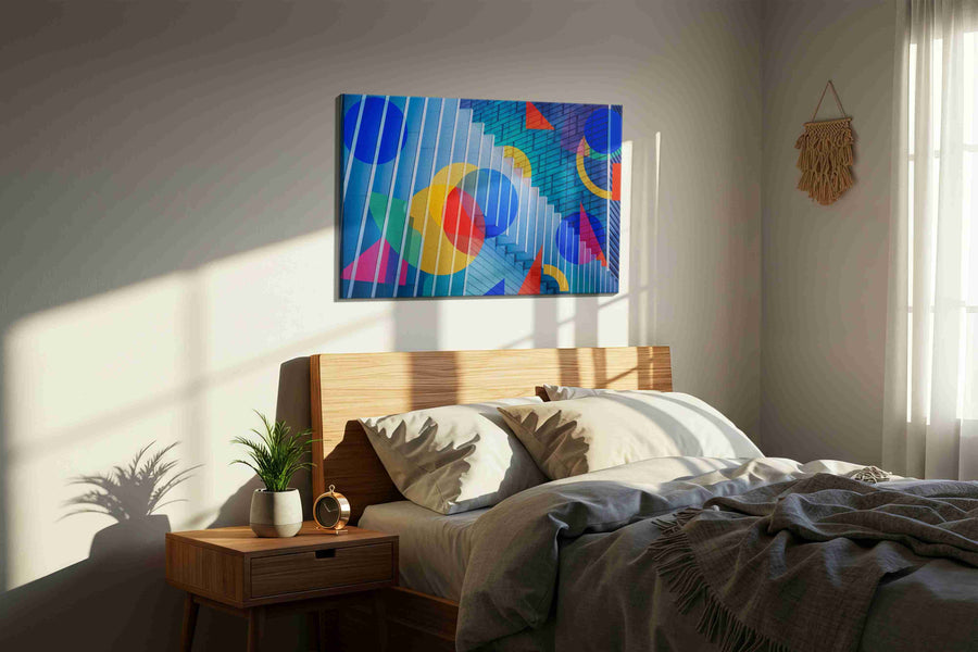 Chromatic Cityscape Symphony modern canvas print, displayed in a bedroom