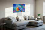 Chromatic Cityscape Symphony modern canvas print, displayed in a living room