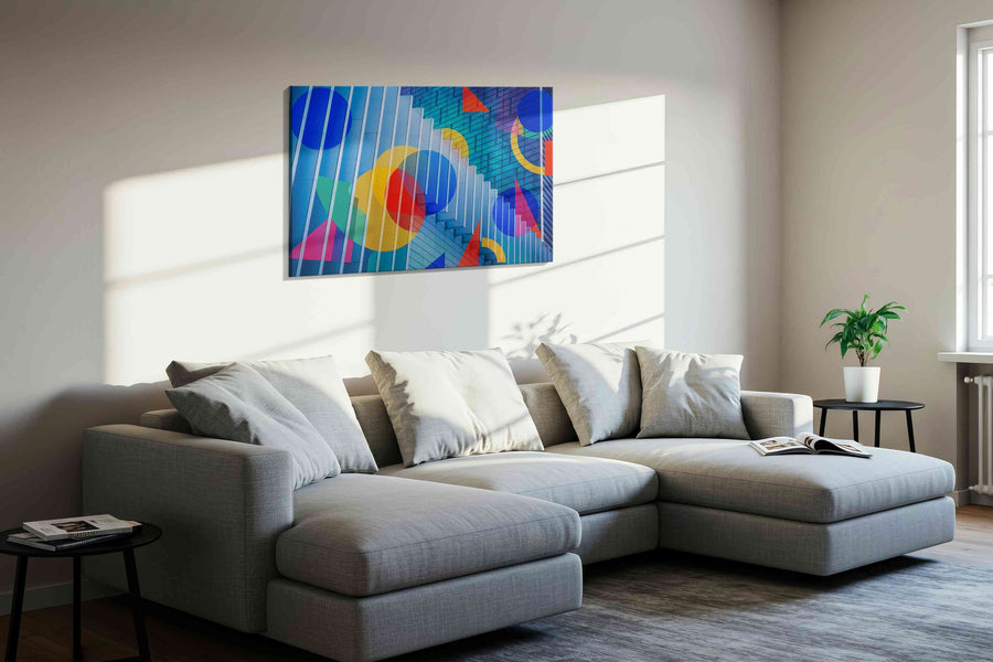 Chromatic Cityscape Symphony modern canvas print, displayed in a living room
