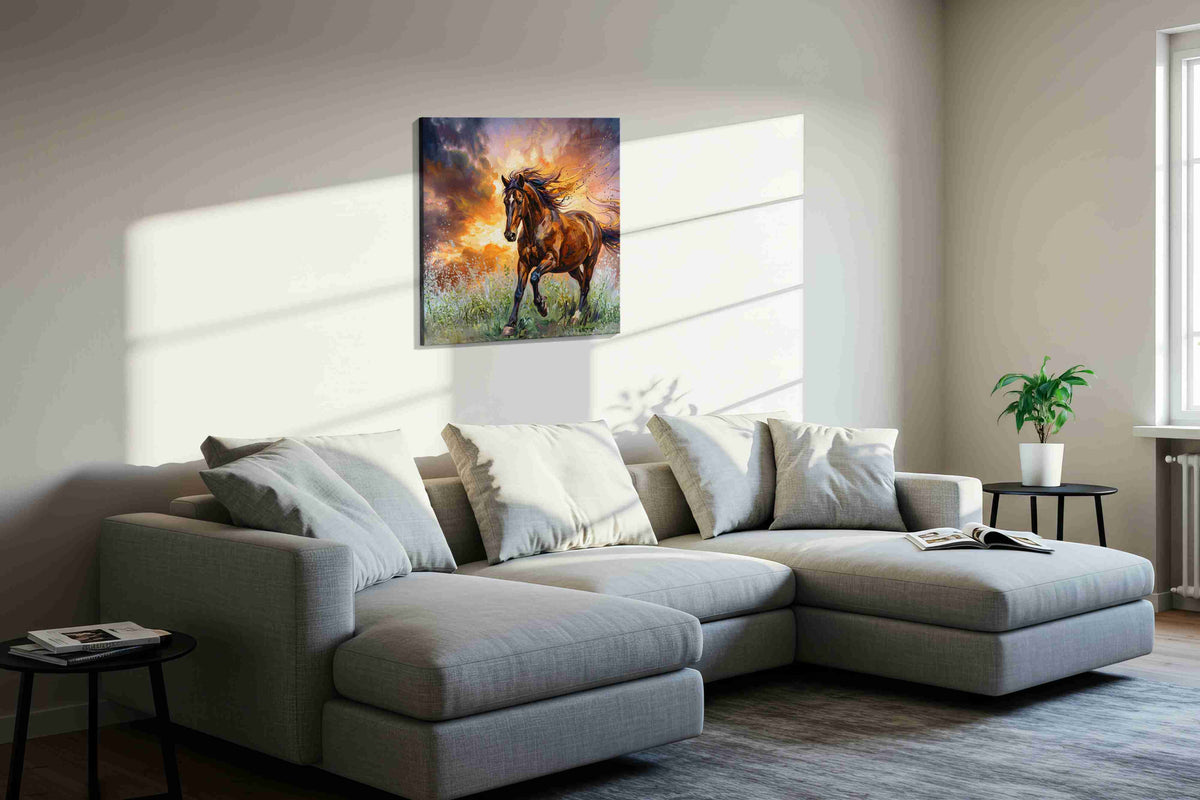 Ethereal Gallop at Dusk horses canvas print, displayed in a living room