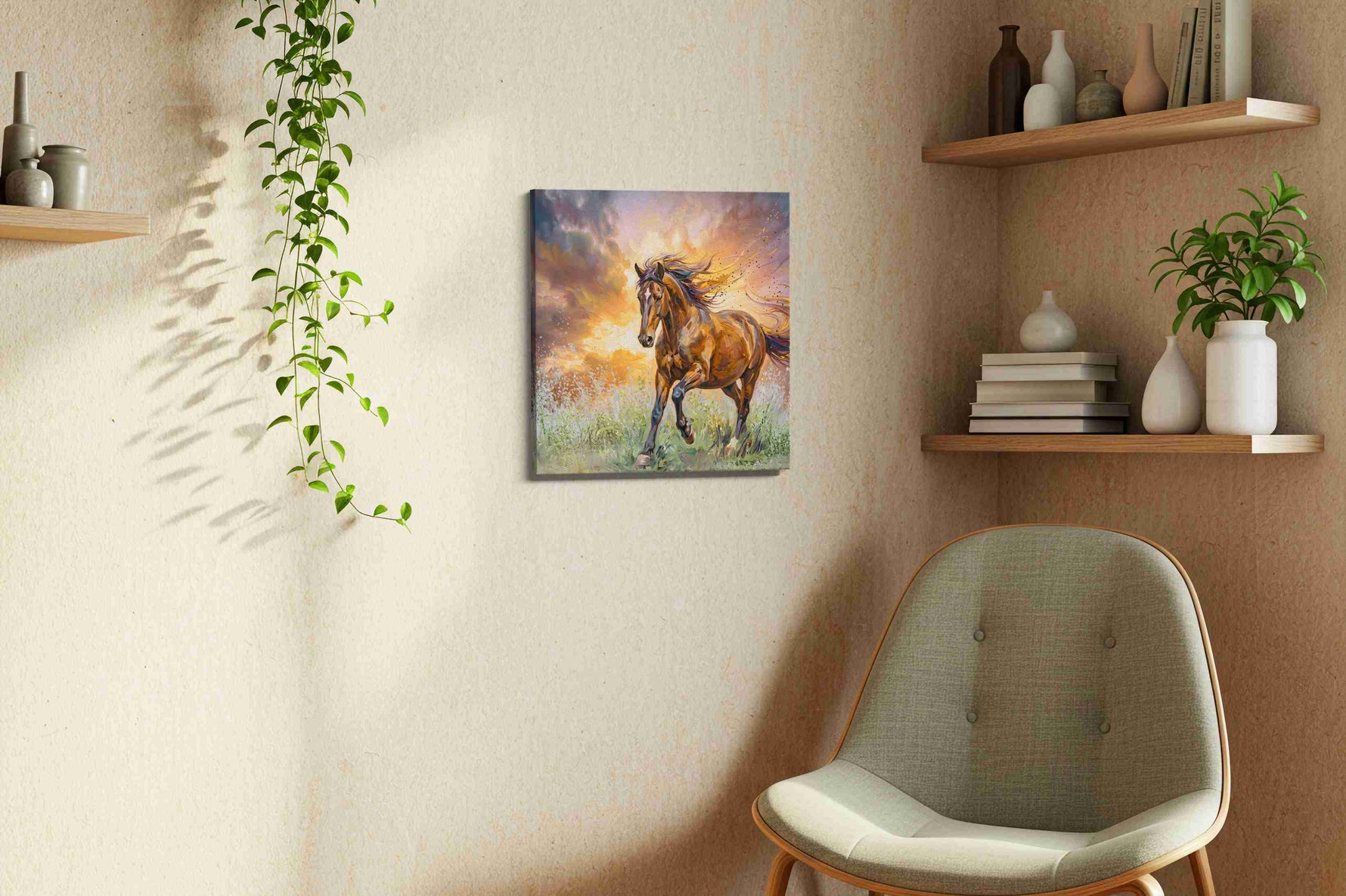 Ethereal Gallop at Dusk horses canvas print styled in a living room