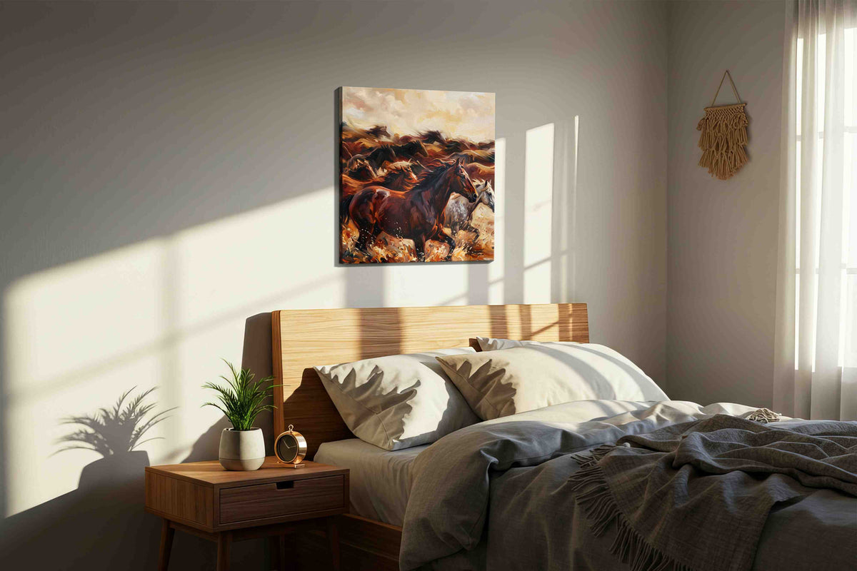 Gallop Through the Tempest horses canvas print, displayed in a bedroom