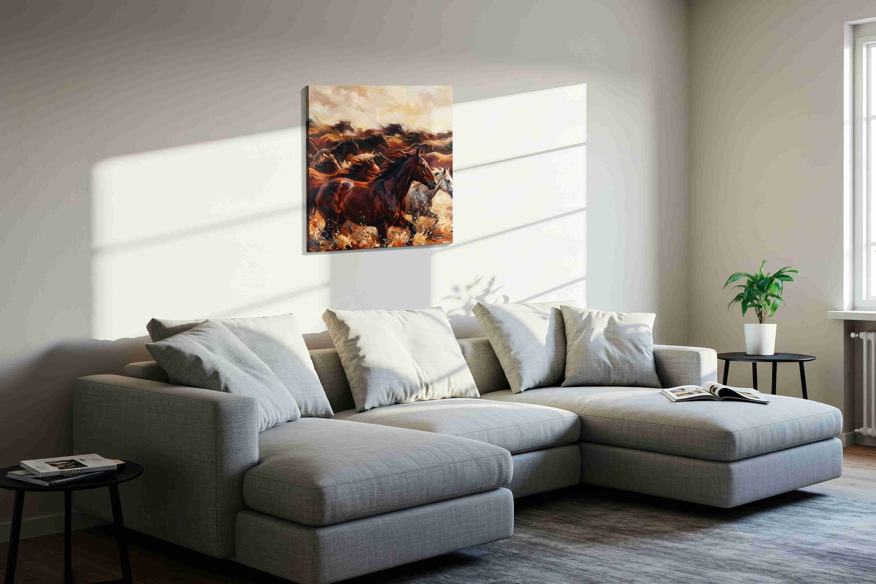 Gallop Through the Tempest horses canvas print, displayed in a living room