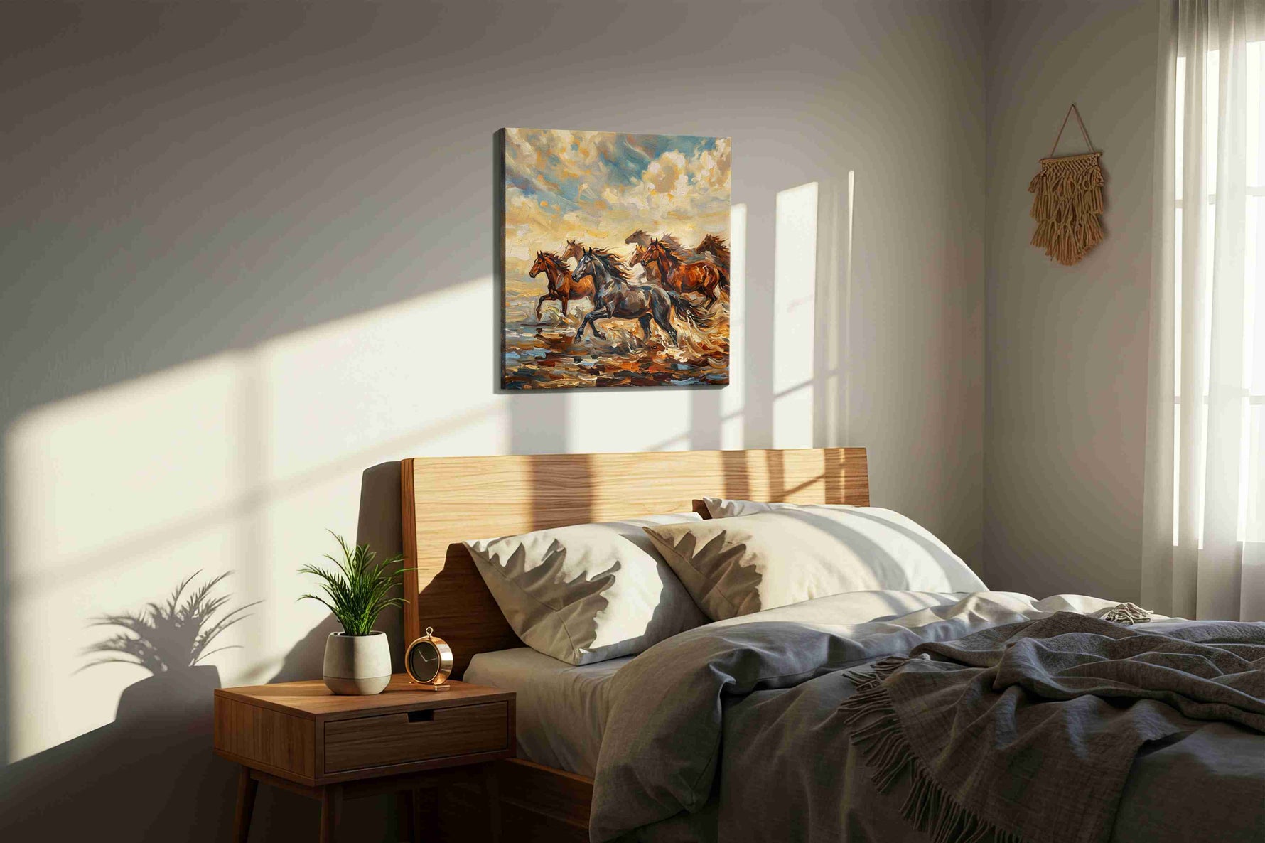 Gallop Through the Tempest II horses canvas print, displayed in a bedroom