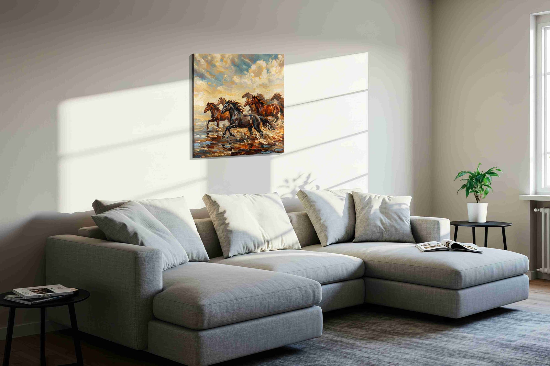 Gallop Through the Tempest II horses canvas print, displayed in a living room
