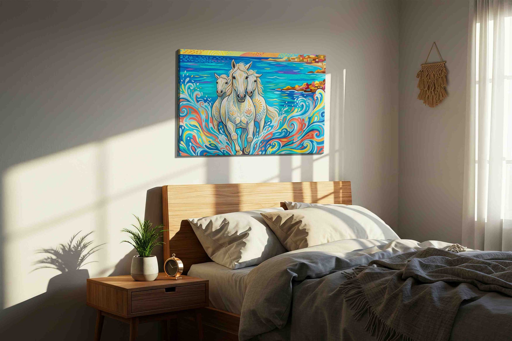 Gallop Through the Tides animals canvas print, displayed in a bedroom