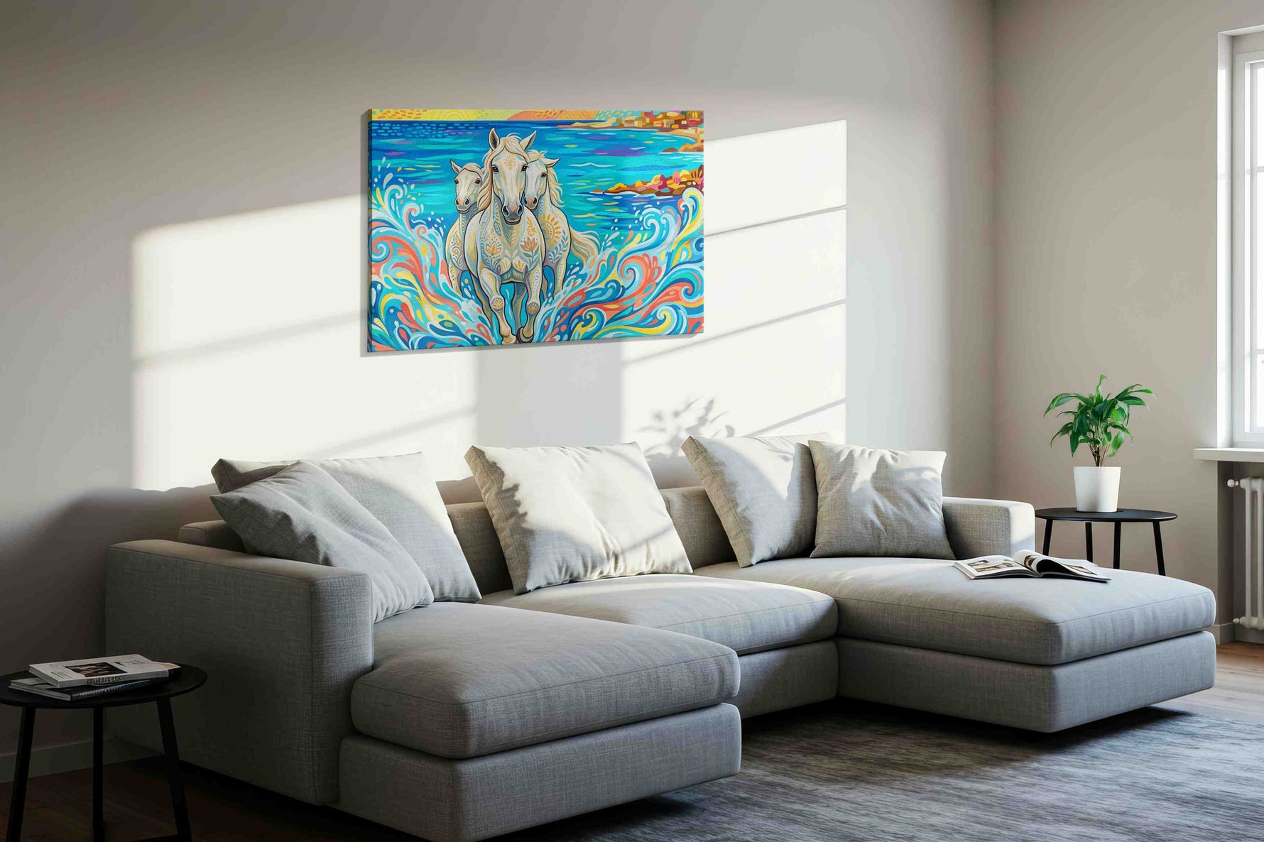 Gallop Through the Tides animals canvas print, displayed in a living room