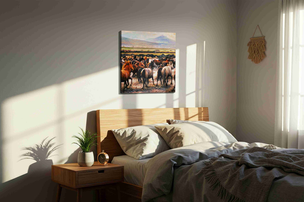 Gallop of Freedom horses canvas print, displayed in a bedroom