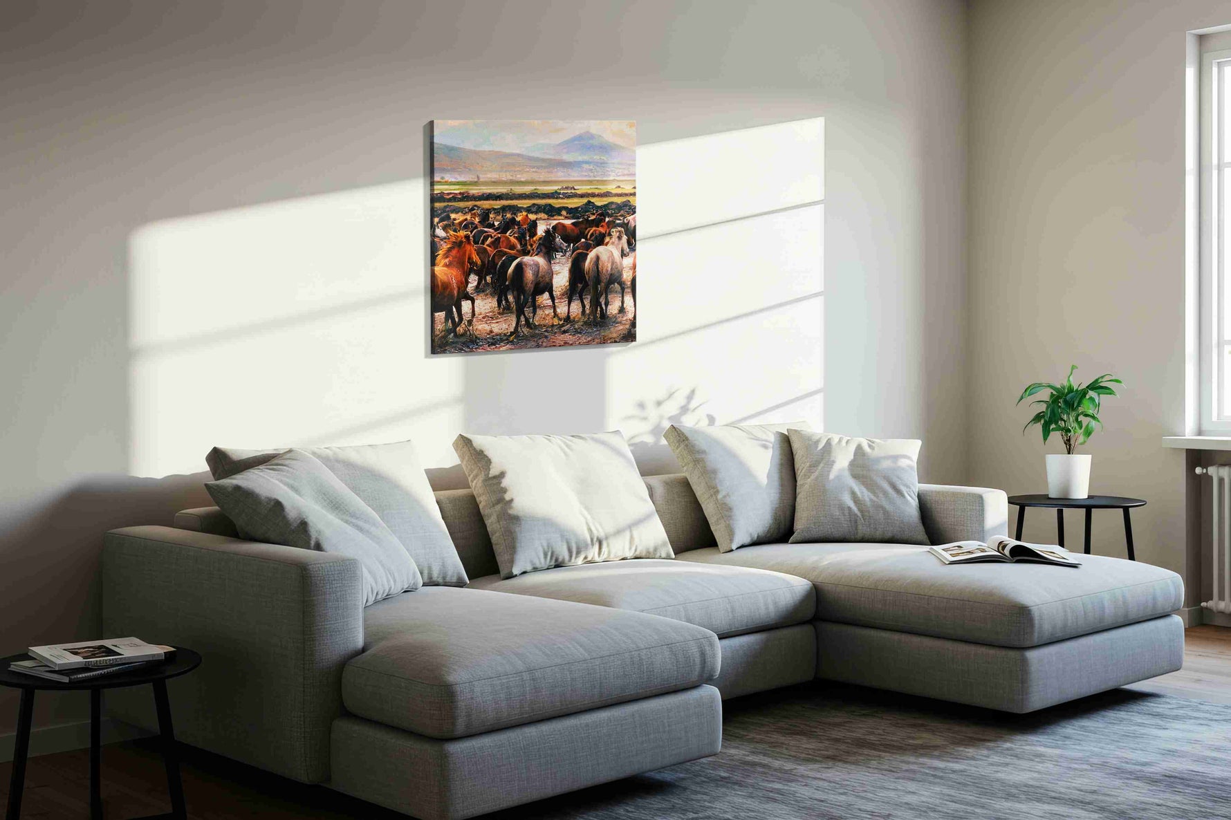 Gallop of Freedom horses canvas print, displayed in a living room
