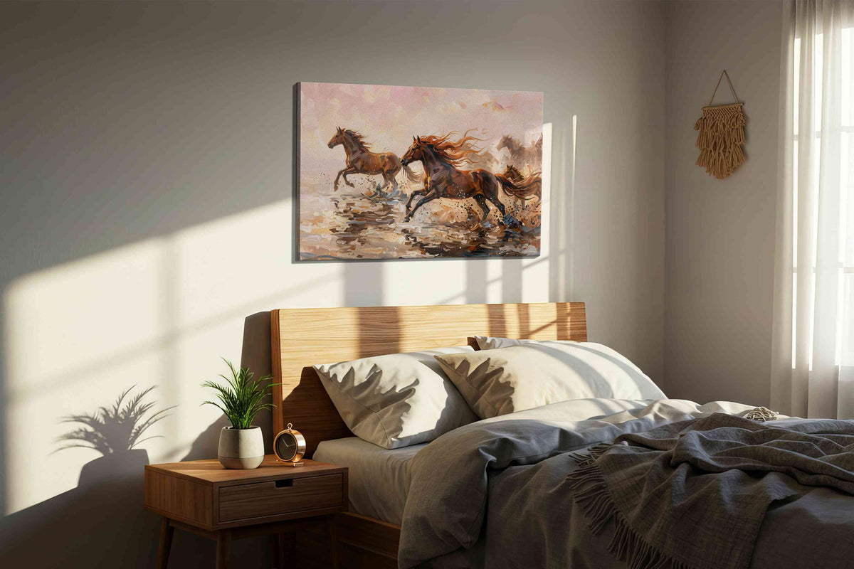 Galloping Through the Mist horses canvas print, displayed in a bedroom