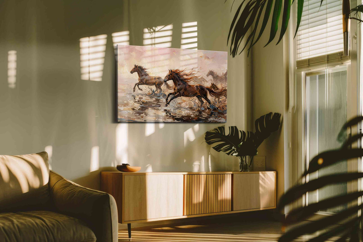 Galloping Through the Mist horses canvas print in a hung canvas mockup