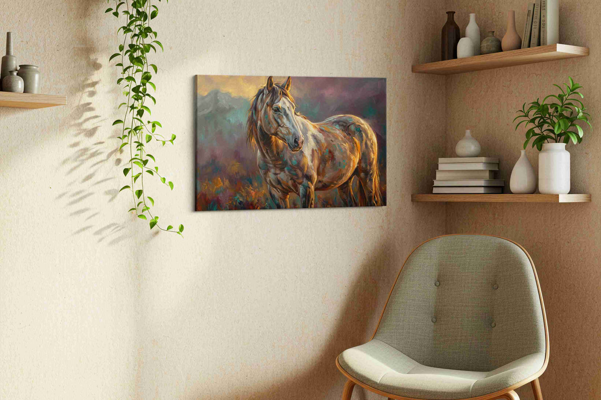 Majestic Equine Dusk animals canvas print, displayed in a living room