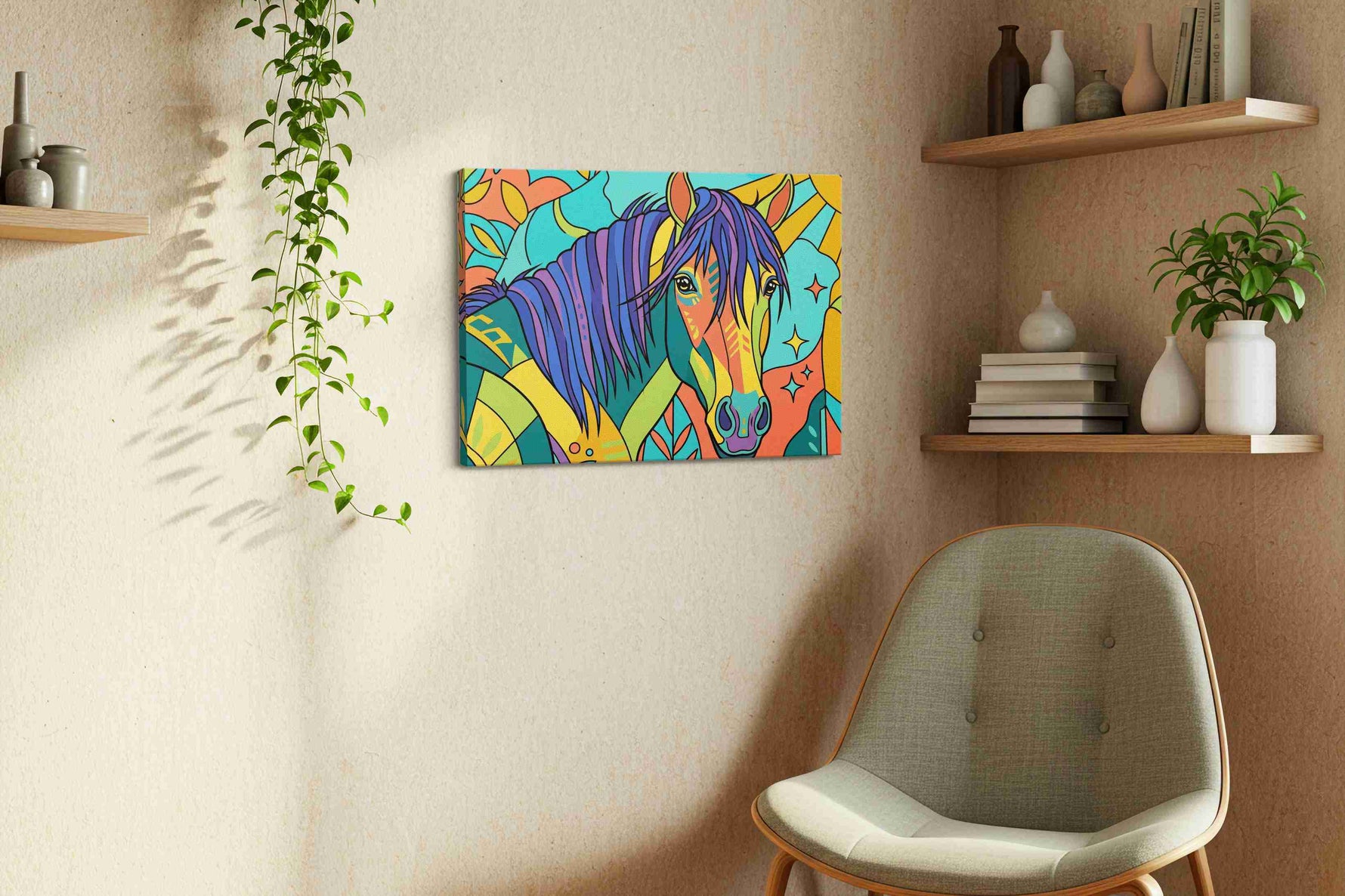 Vibrant Equine Dreams animals canvas print, displayed in a living room