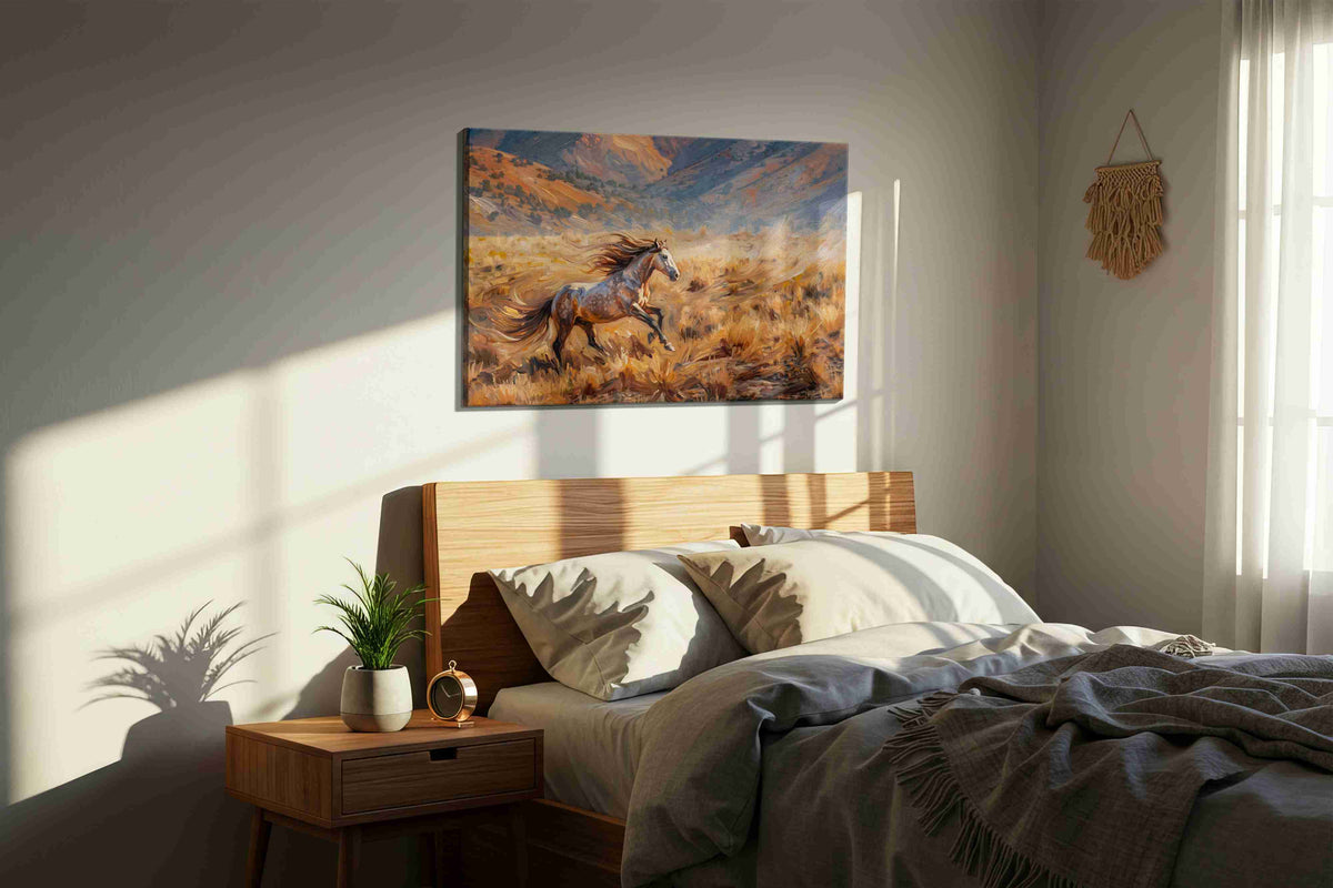 Wild Spirit Gallop horses canvas print, displayed in a bedroom