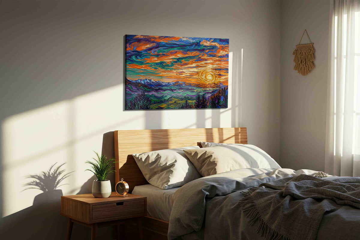Aurora's Embrace nature canvas print, displayed in a bedroom
