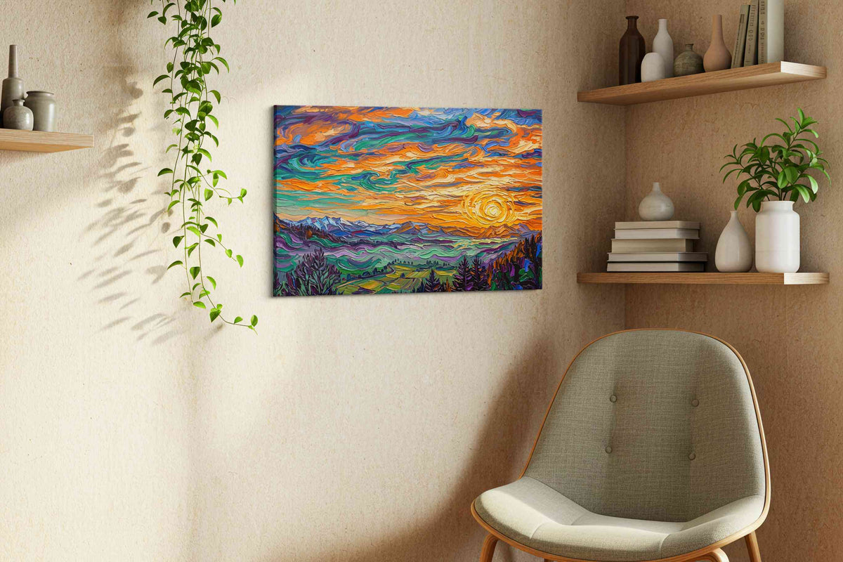 Aurora's Embrace nature canvas print, displayed in a living room