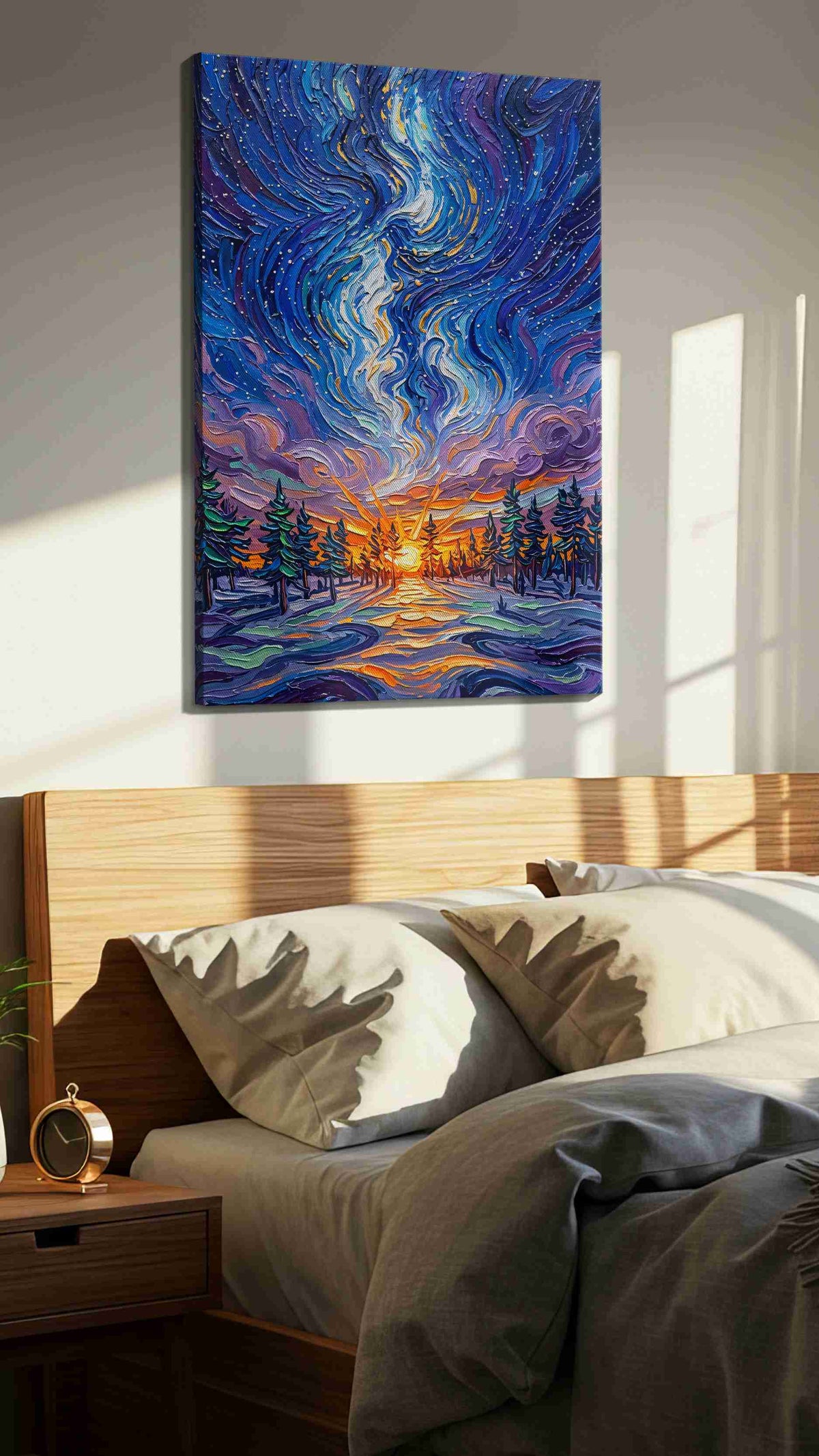 Celestial Dawn's Embrace nature canvas print, displayed in a bedroom