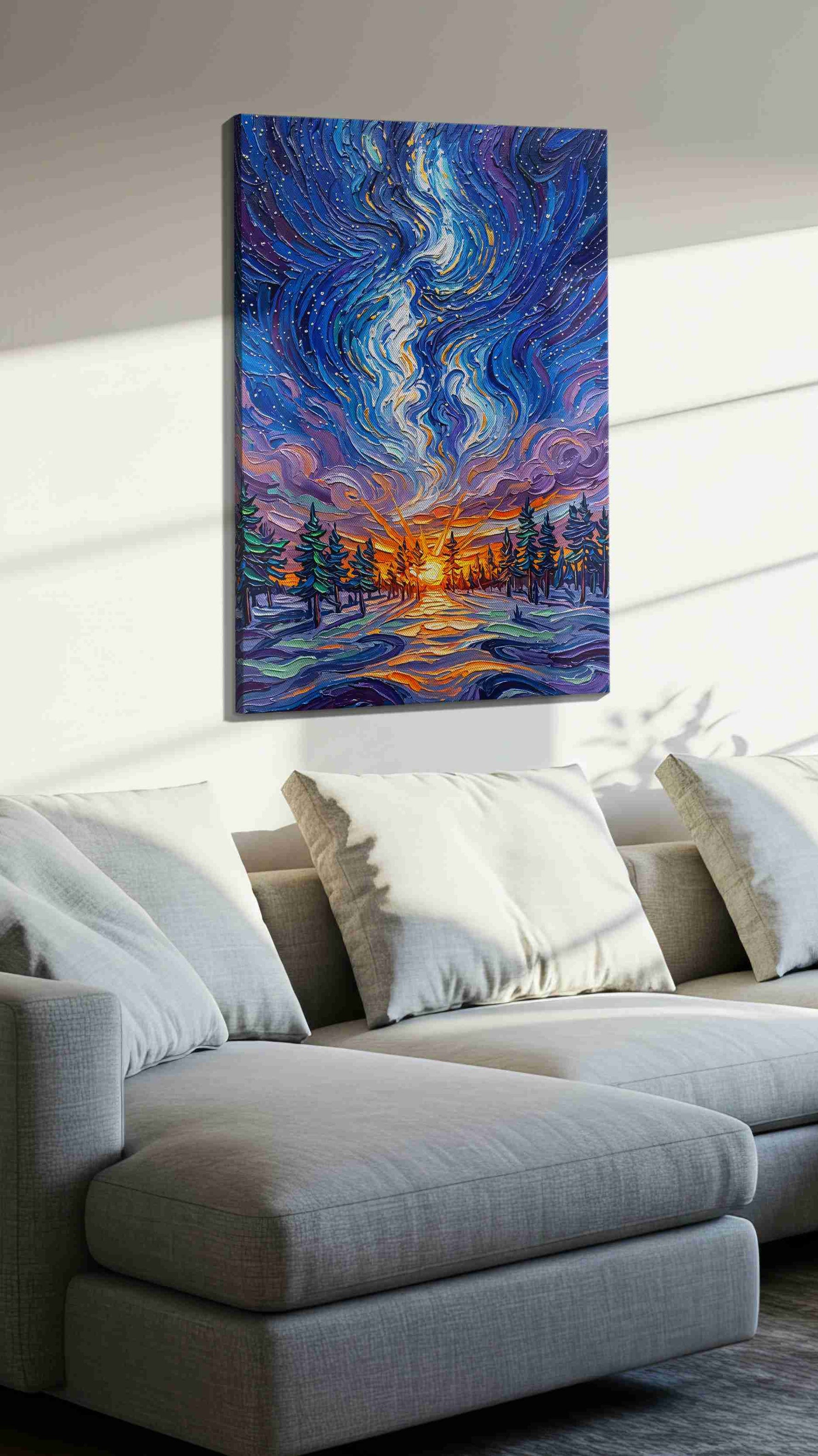 Celestial Dawn's Embrace nature canvas print, displayed in a living room