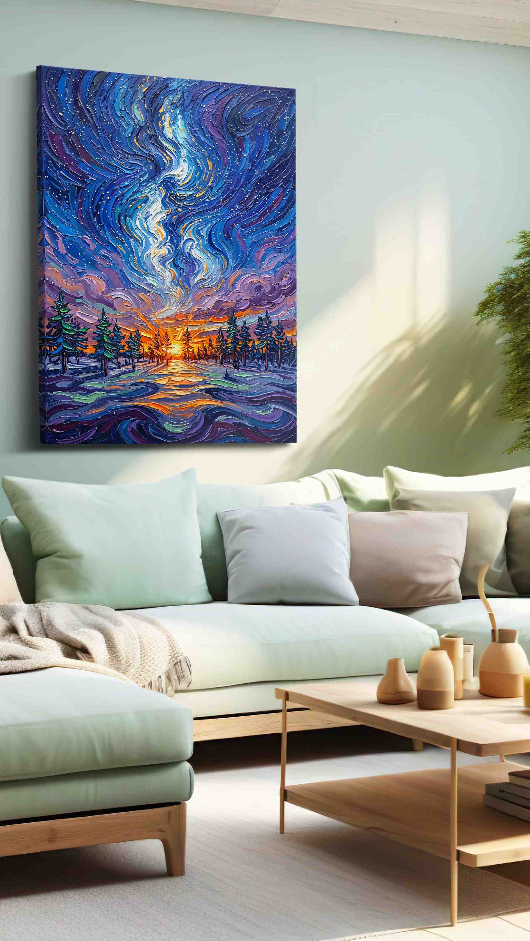 Celestial Dawn's Embrace nature canvas print, hanging on wall