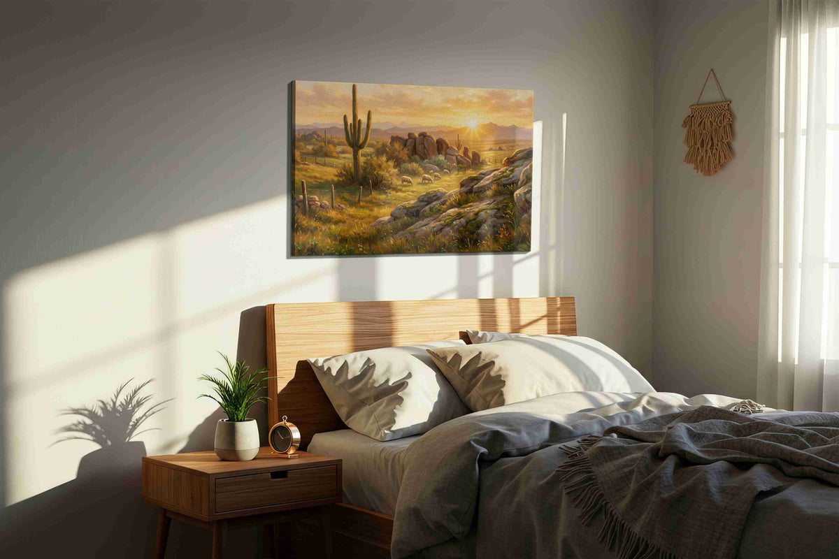 Desert Glow Serenade landscape canvas print, displayed in a bedroom