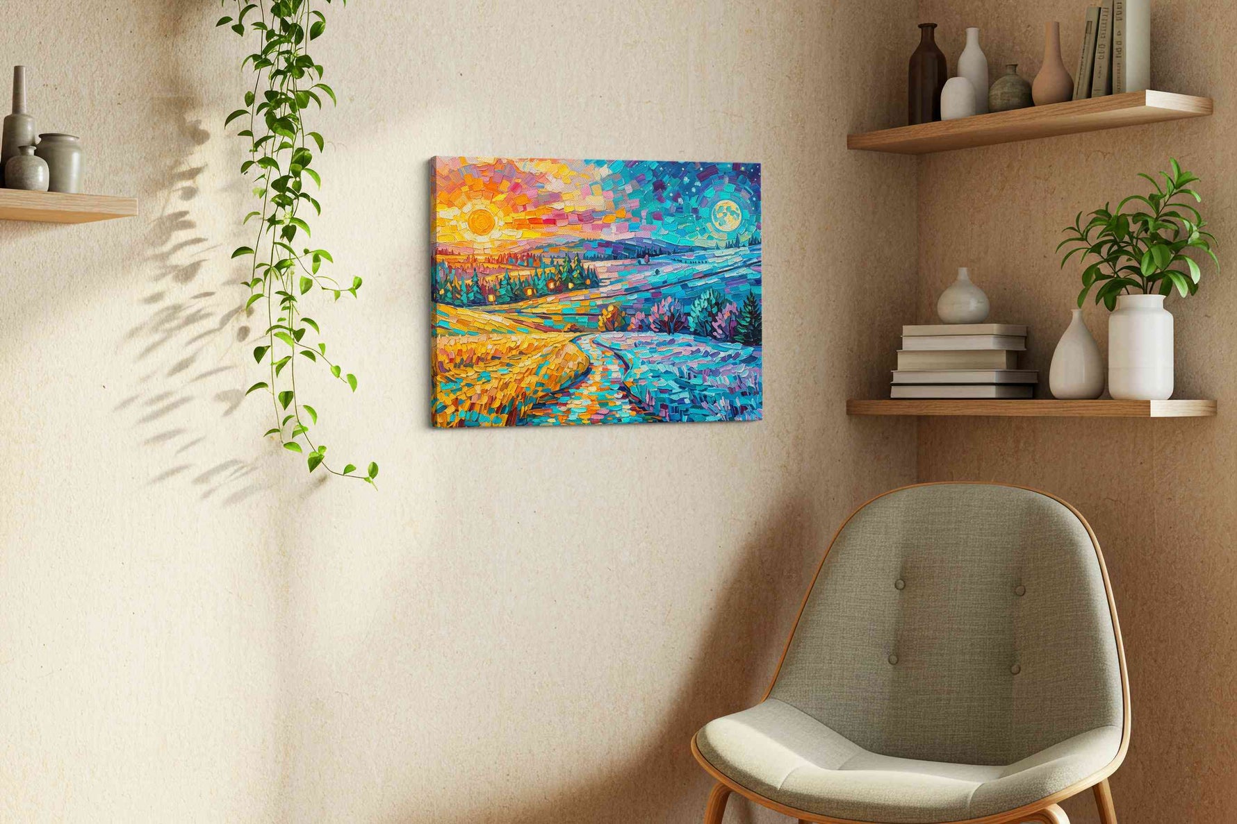 Eternal Twilight Symphony nature canvas print, displayed in a living room