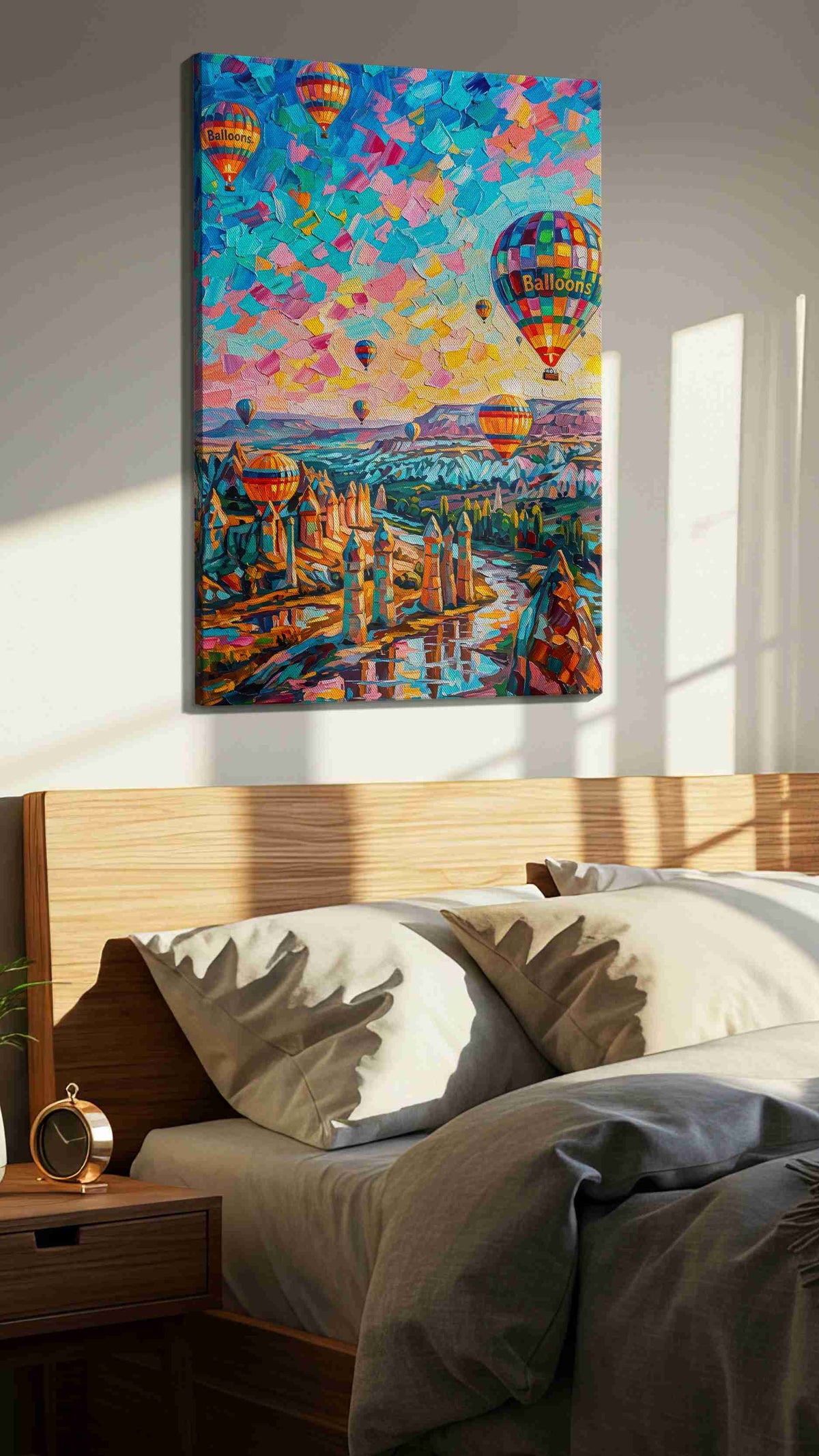Ethereal Skies of Cappadocia landscape canvas print, displayed in a bedroom