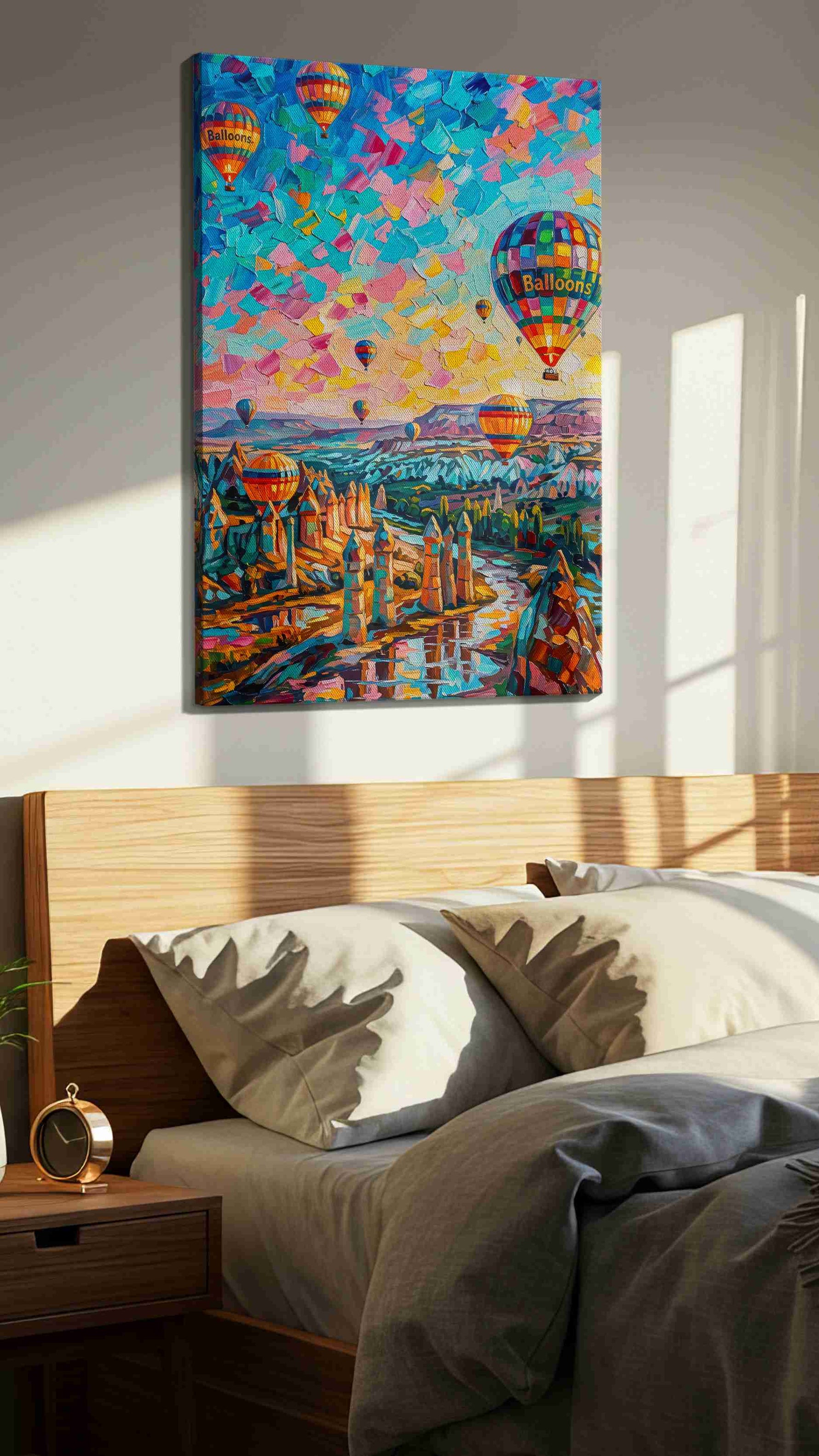 Ethereal Skies of Cappadocia landscape canvas print, displayed in a bedroom