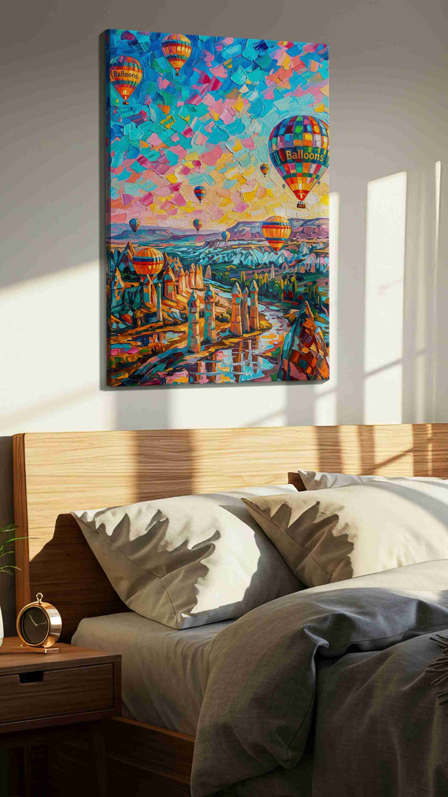 Ethereal Skies of Cappadocia landscape canvas print, displayed in a bedroom