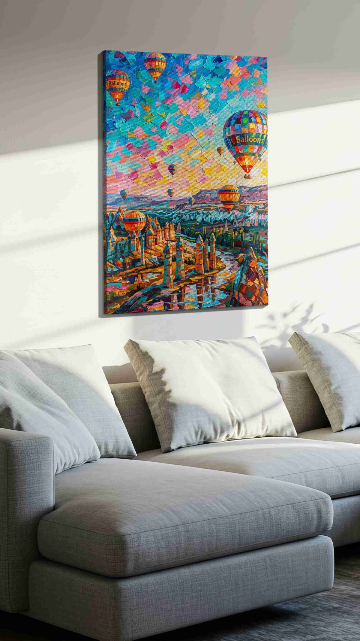 Ethereal Skies of Cappadocia landscape canvas print, displayed in a living room