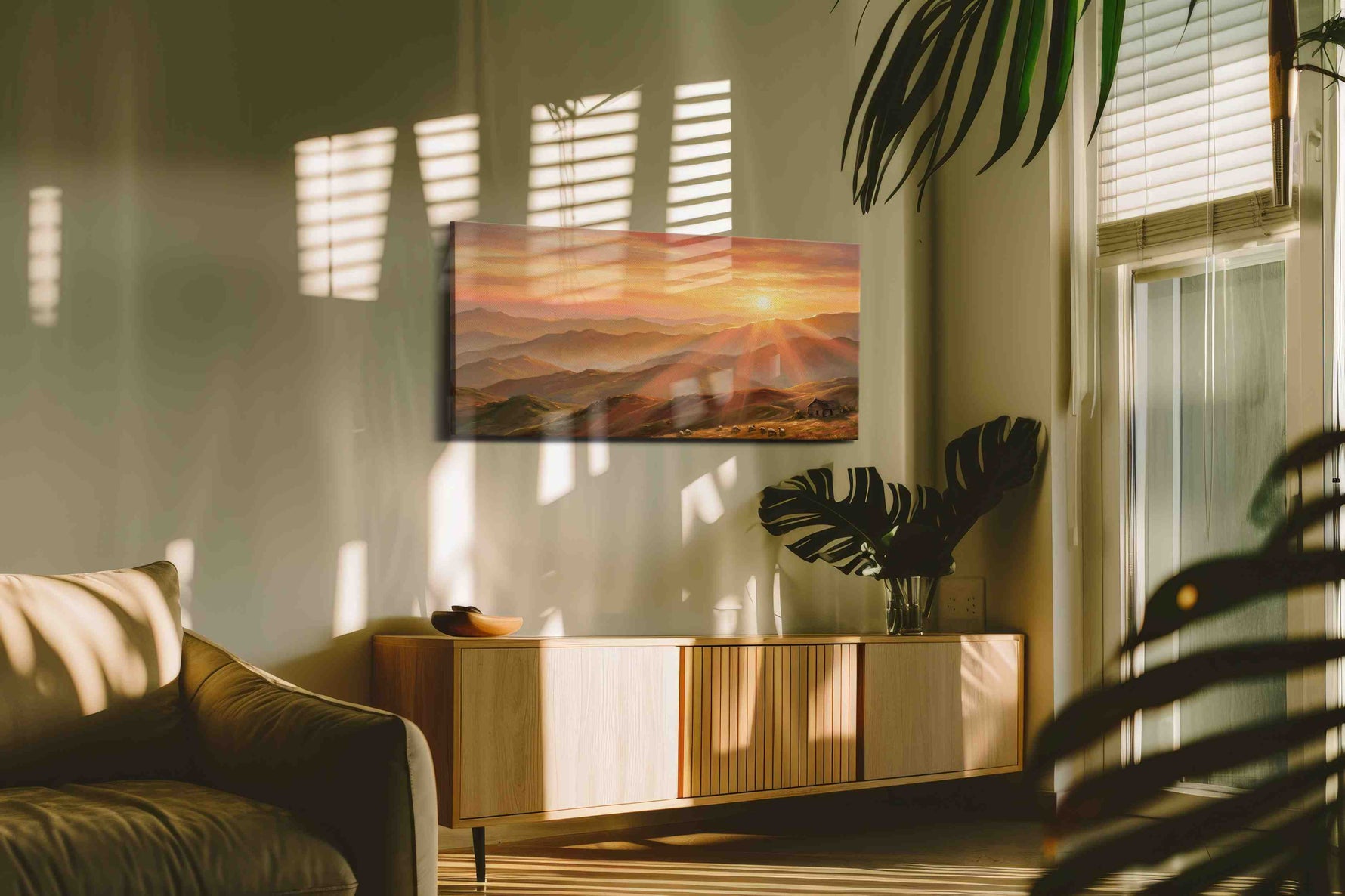 Golden Dawn Over Tranquil Hills nature canvas print, displayed in a living room