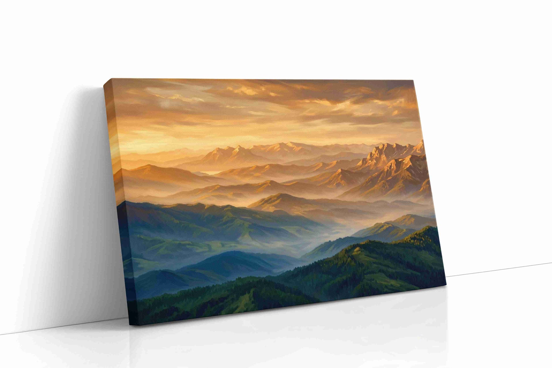 Golden Peaks of Serenity mountain canvas print gallery-wrapped landscape canvas studio shot