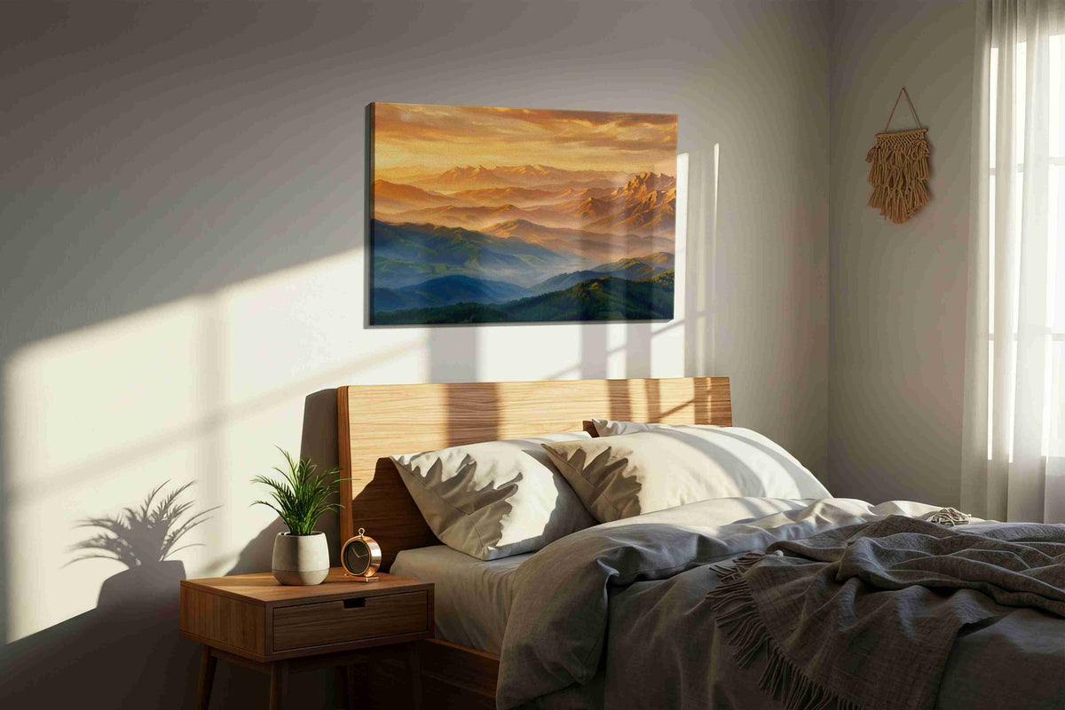 Golden Peaks of Serenity mountain canvas print, displayed in a bedroom