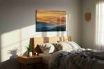 Golden Peaks of Serenity mountain canvas print, displayed in a bedroom
