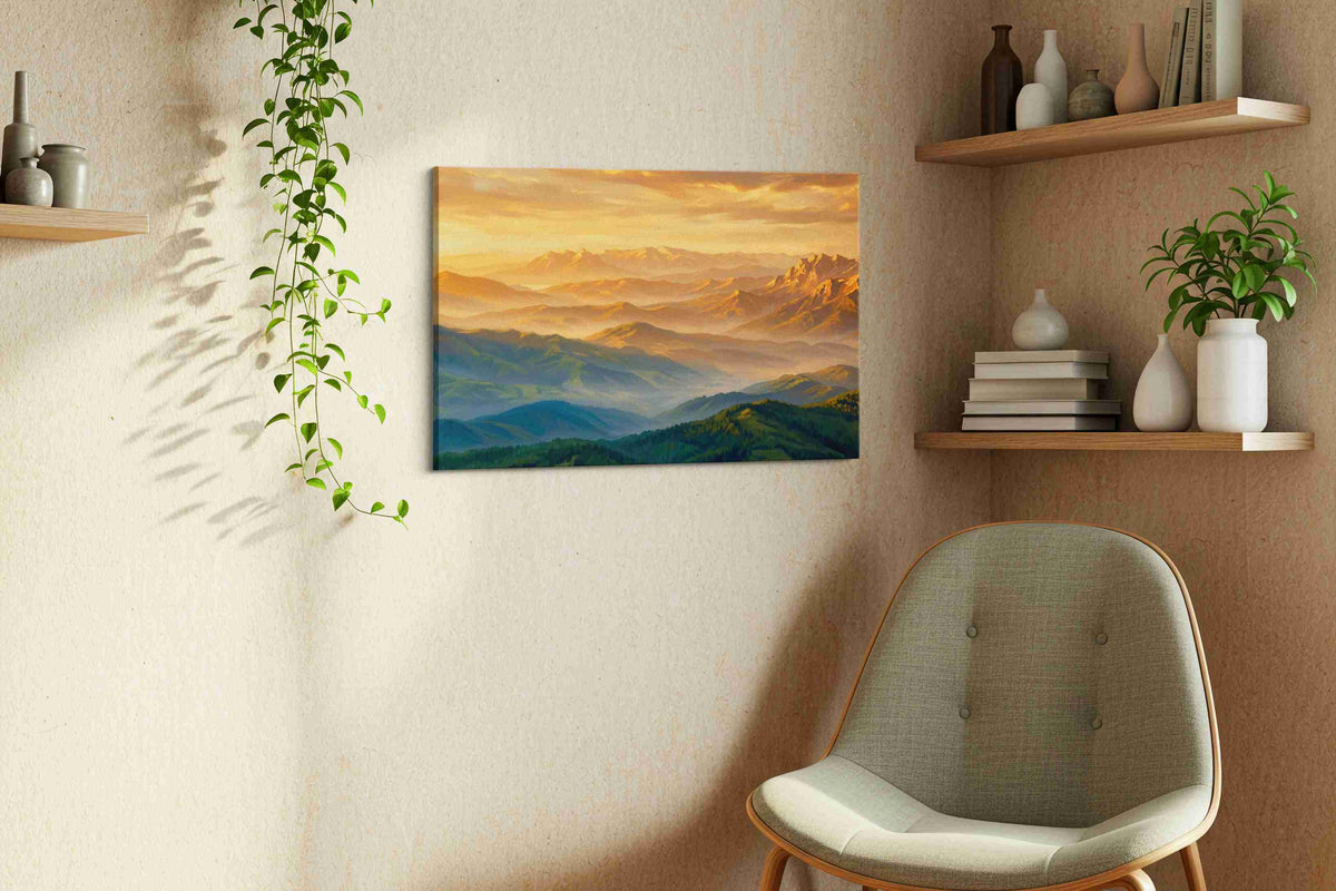 Golden Peaks of Serenity mountain canvas print styled in a living room
