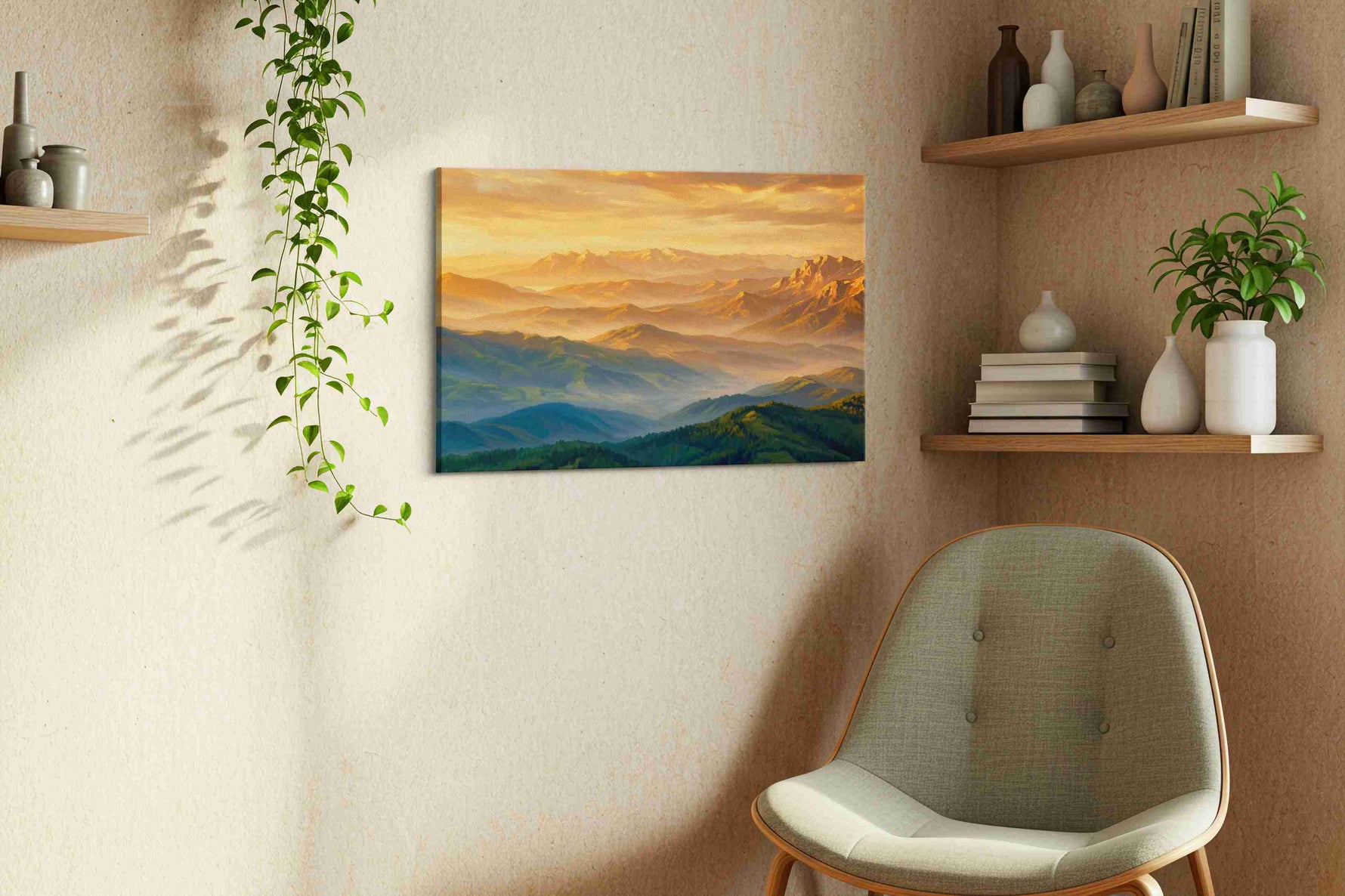 Golden Peaks of Serenity mountain canvas print styled in a living room