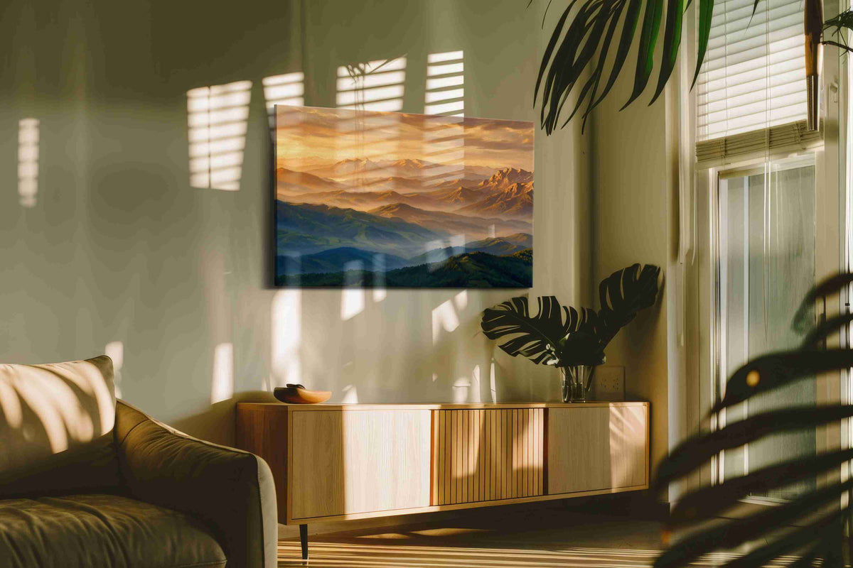 Golden Peaks of Serenity mountain canvas print, on wall, lifestyle preview
