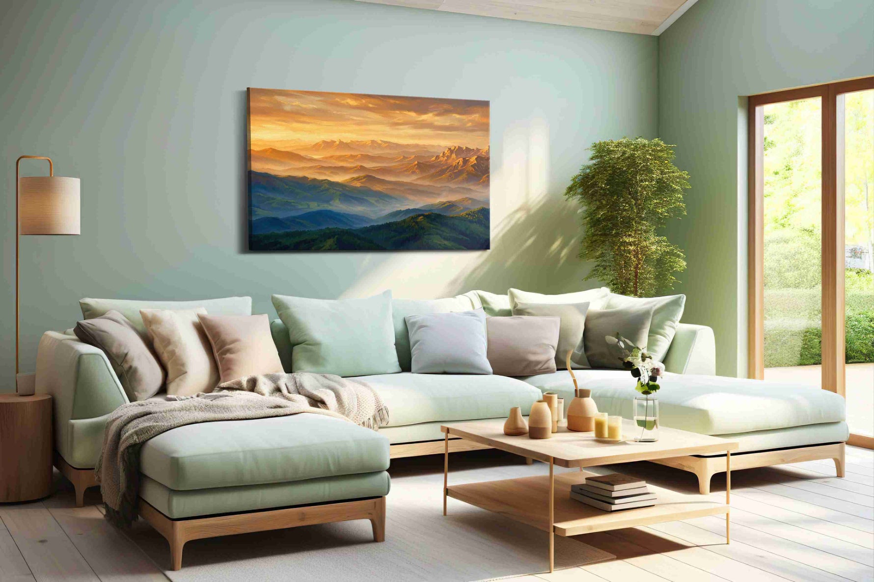 Golden Peaks of Serenity (Landscape) - Mountain, Mountain Wall Art, Landscape Canvas Print, Nature Scenery Art in a hung canvas mockup