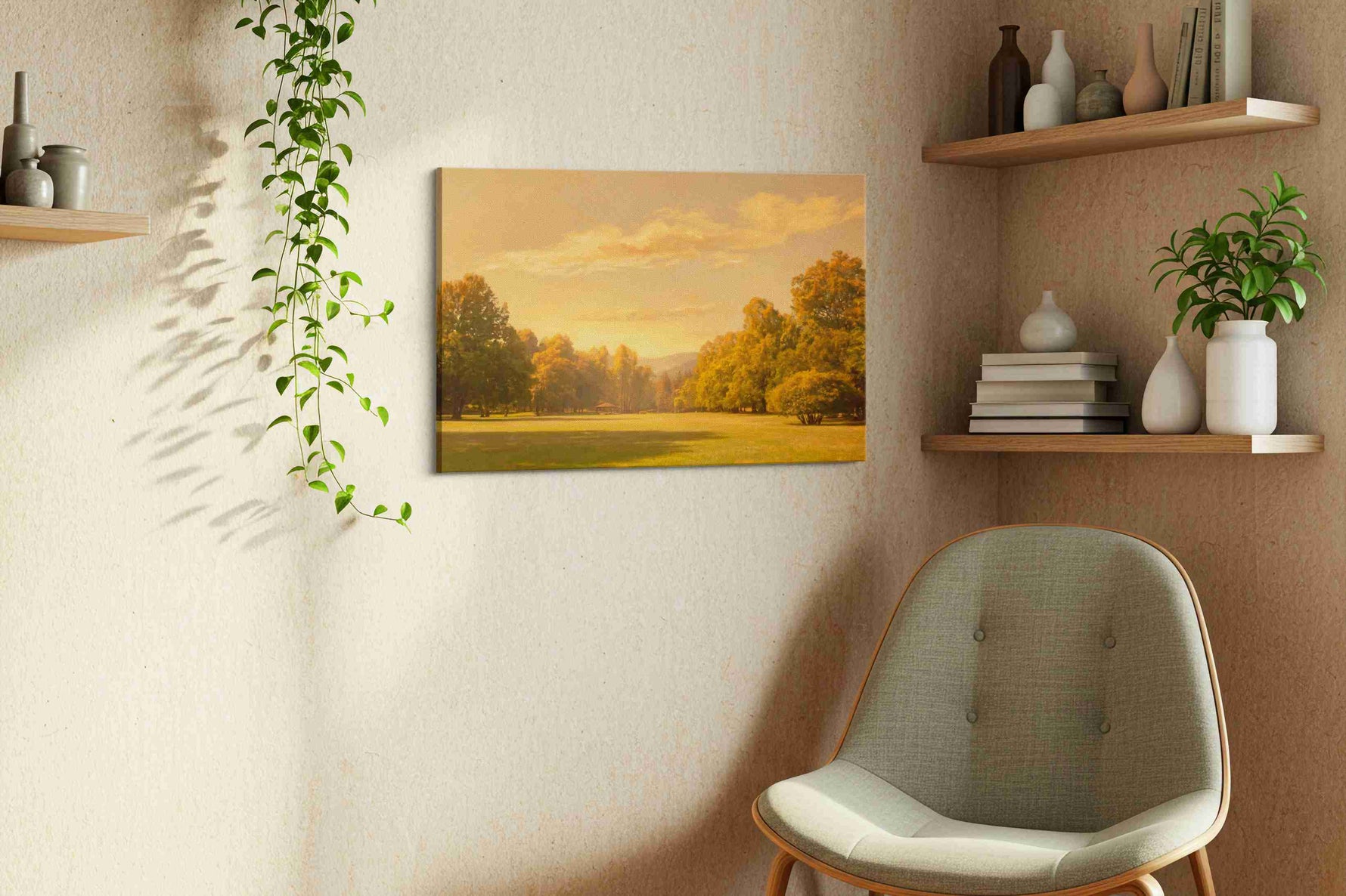 Golden Tranquility at Dawn nature canvas print, displayed in a living room
