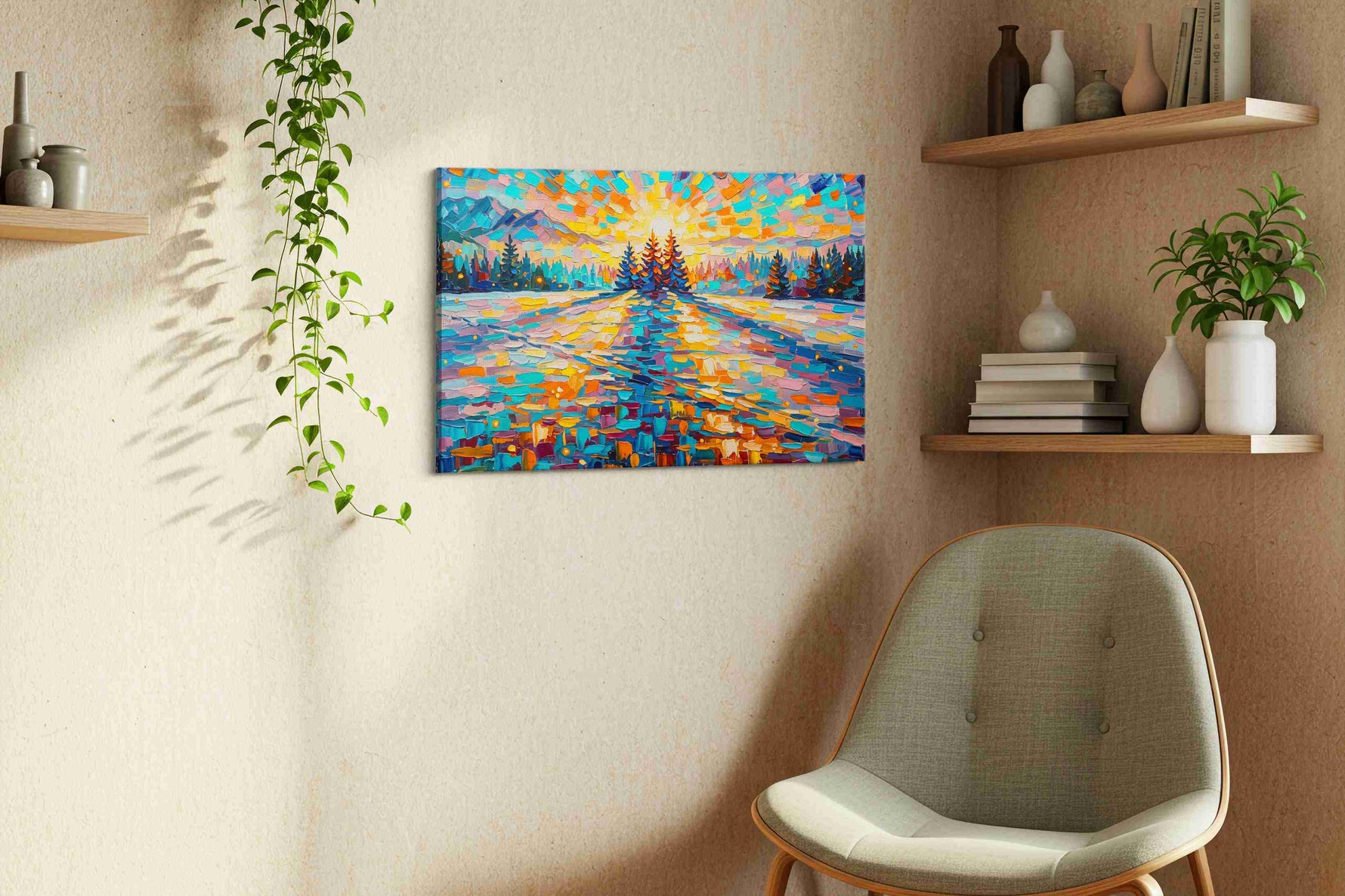 Luminous Winter Dawn nature canvas print in a living room scene