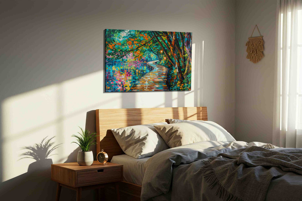 Pathway of Vibrant Dreams nature canvas print, displayed in a bedroom