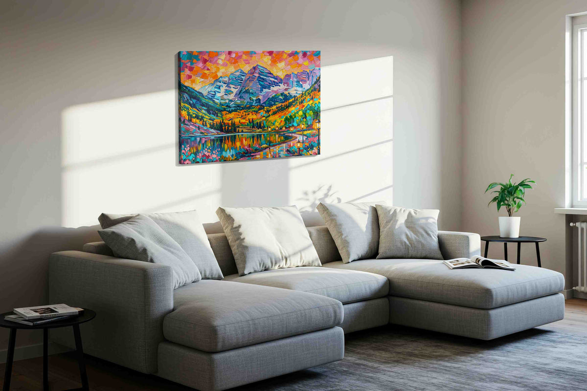 Prismatic Mountain Reverie nature canvas print styled in a living room