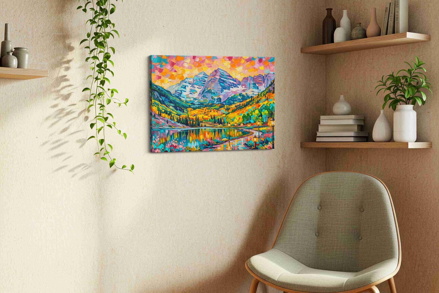 Prismatic Mountain Reverie nature canvas print, displayed in a living room