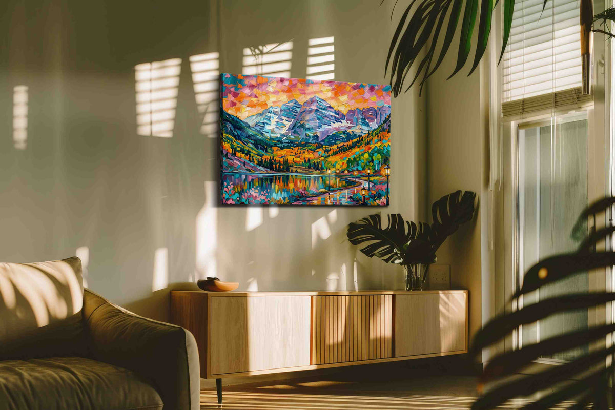 Prismatic Mountain Reverie nature canvas print, hanging on wall