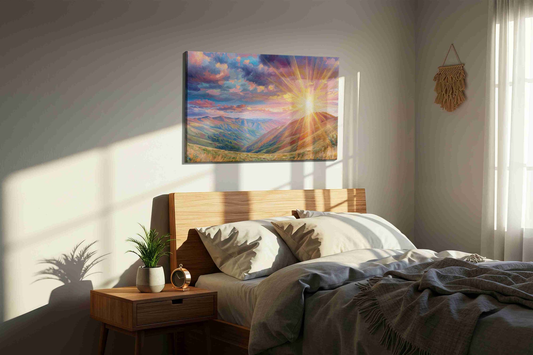 Radiant Dawn Over Valleys (Landscape) - Nature, Nature Wall Art, Scenic Canvas Print, Natural Landscape Art in a bedroom scene