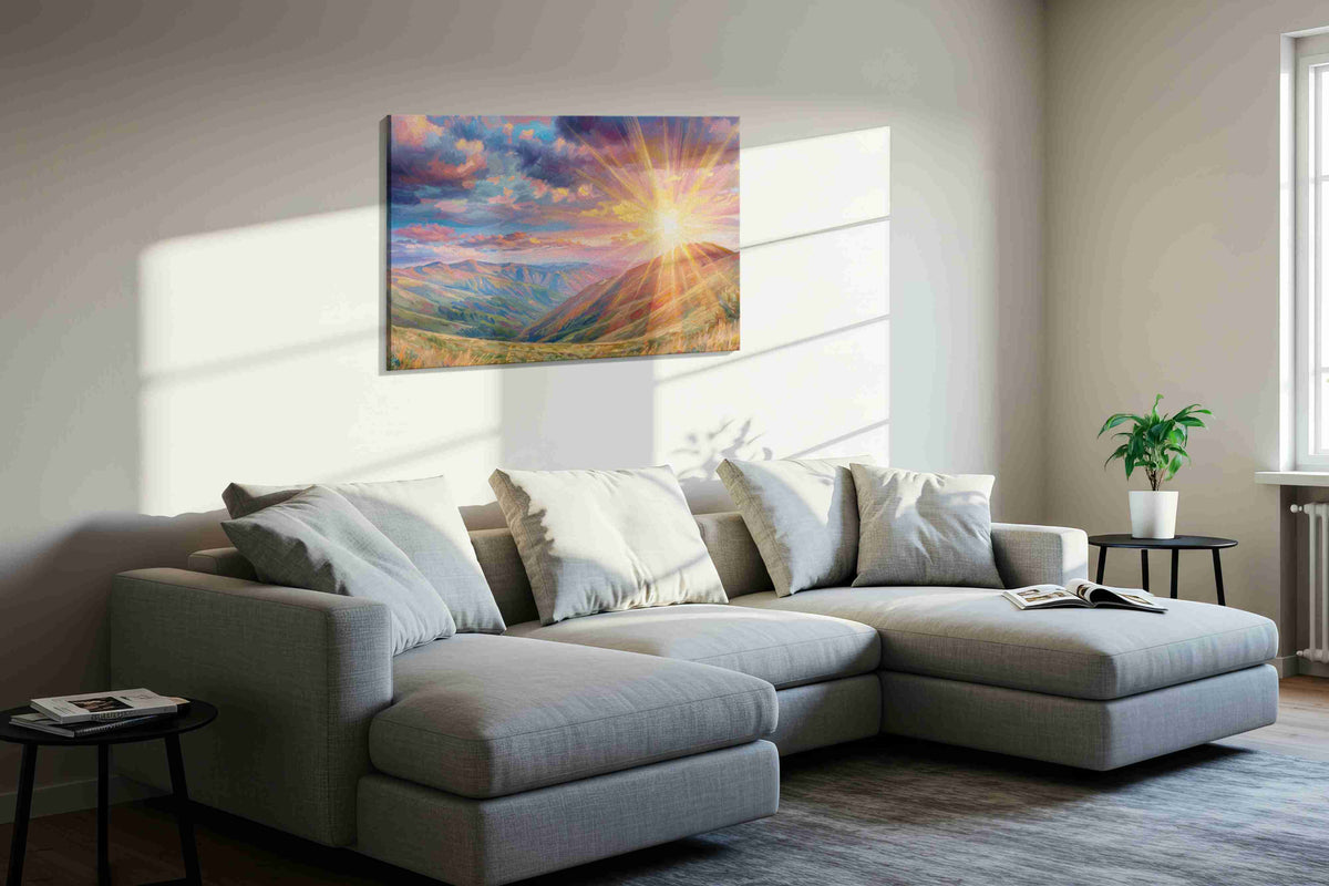 Radiant Dawn Over Valleys nature canvas print, displayed in a living room