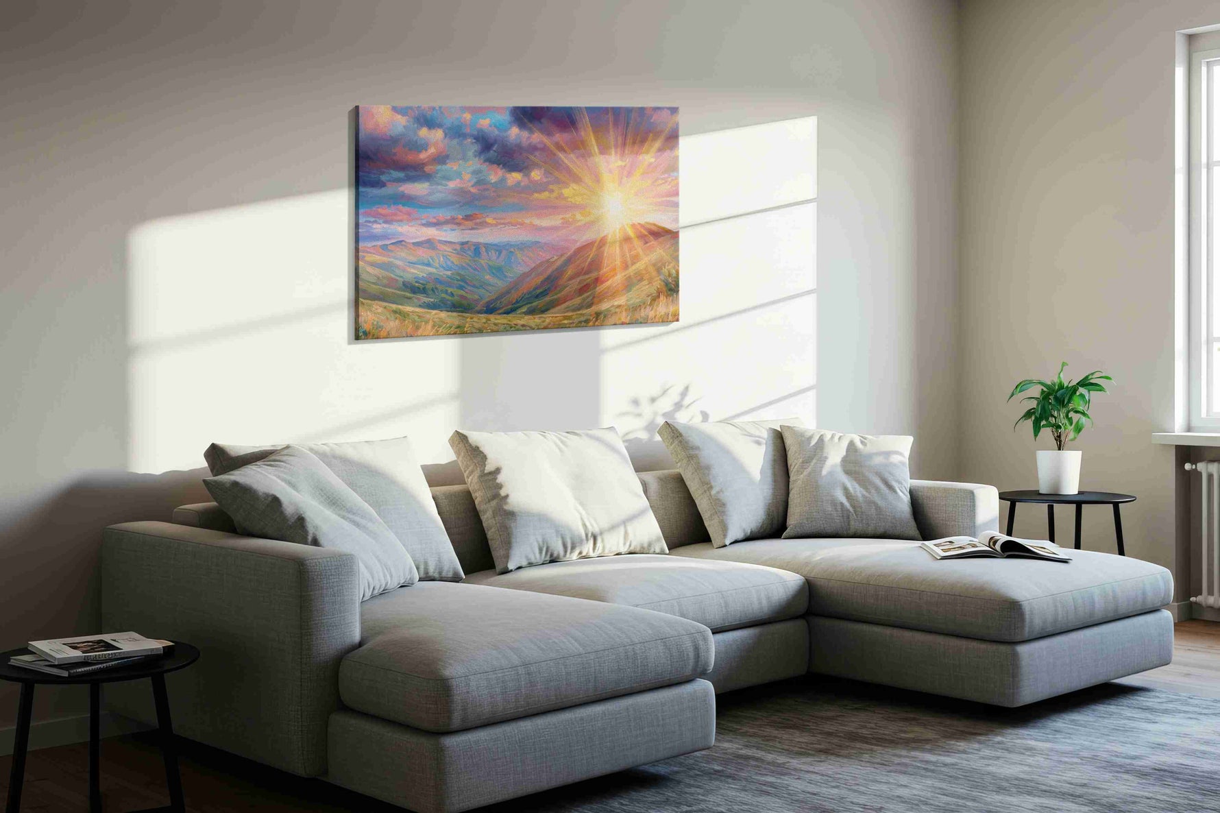 Radiant Dawn Over Valleys nature canvas print, displayed in a living room