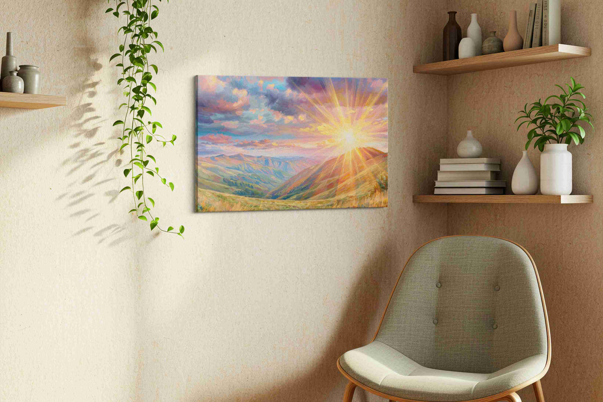 Radiant Dawn Over Valleys nature canvas print styled in a living room